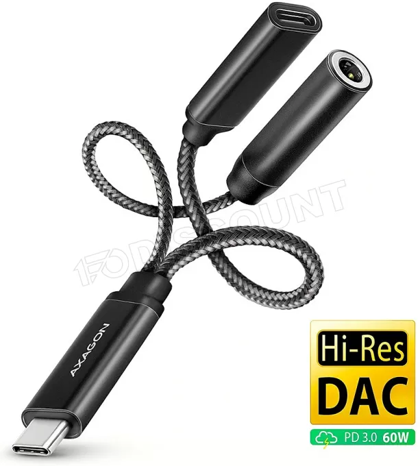 Adaptateur Axagon ADA-HCPD USB-C vers Jack 3,5mm + USB-C M/F (Noir)