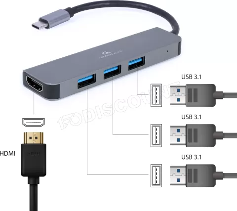 Photo de Adaptateur USB-C 3.0 CableXpert 2-01 vers HDMI, 3x USB-A (Gris)