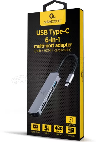 Photo de Adaptateur USB-C 3.0 CableXpert 6-02 vers HDMI, 3x USB-A ,1x USB-C et SD/MircroSD (Gris)