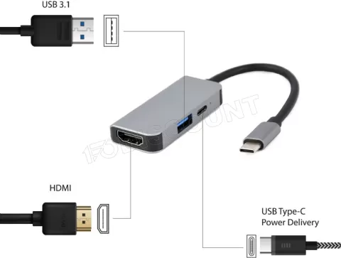 Photo de Adaptateur USB-C 3.1 CableXpert 3-02 vers HDMI, 1x USB-A ,1x USB-C (Gris)