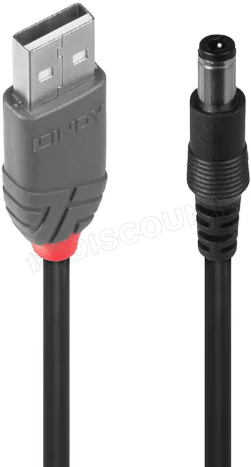 Adaptateur USB vers prise DC (2,5x5,5mm) Lindy 1,5m (Noir)