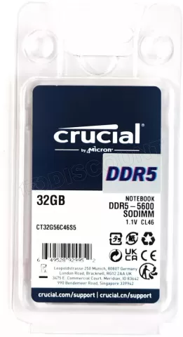 Photo de Barrette mémoire SODIMM DDR5 32Go Crucial 5200Mhz (Noir)