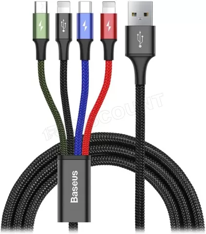 Photo de Cable 3en1 Baseus Rapid USB 2.0 type A vers Micro USB, Type C & 2x Lightning M/M 1,2m (Noir)