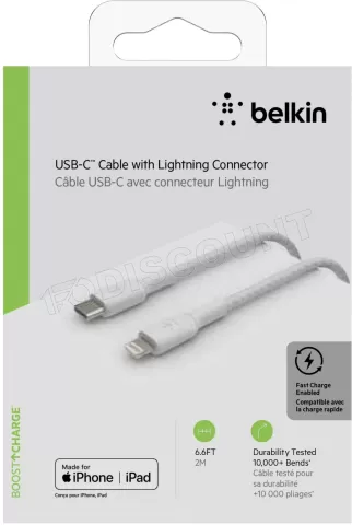 Photo de Câble Belkin BoostCharge USB-C vers Lightning 2m M/M (Blanc)