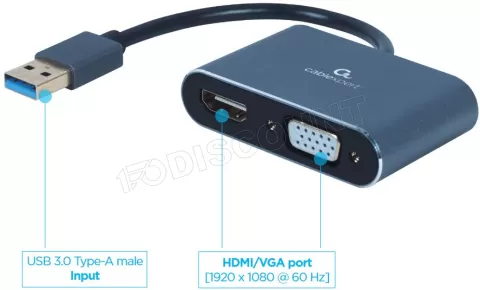 Photo de Câble Convertisseur CableXpert USB-A vers HDMI et VGA MF 15cm (Gris)