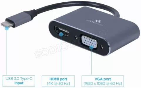 Photo de Câble Convertisseur CableXpert USB-C vers HDMI et VGA MF 15cm (Gris)