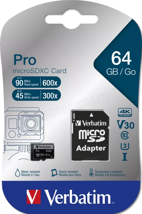 Carte mémoire Micro SD Verbatim Pro U3 - 64Go avec adaptateur