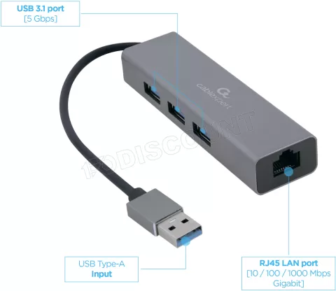 Photo de Carte Réseau CableXpert USB 3.0 vers RJ45 et Hub 3 ports