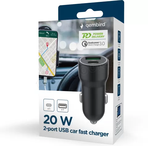 Photo de Chargeur Allume Cigare Gembird 1x USB-C + 1x USB-A 20W (Noir)