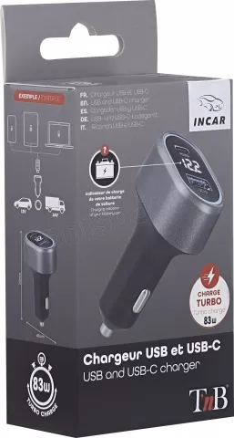 Photo de Chargeur Allume Cigare T'nb 1x USB-A et 1x USB-C 83W (Noir/Gris)