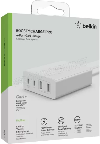 Photo de Chargeur secteur Belkin BoostCharge Pro - 2x USB-C + 2x USB-A 108W (Blanc)