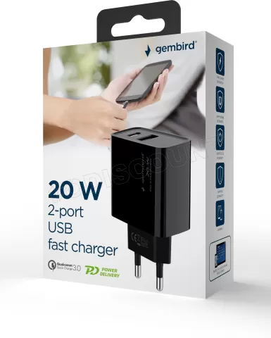 Photo de Chargeur secteur Gembird - 1x USB-C + 1x USB-A 20W (Noir)