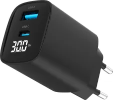 Photo de Chargeur secteur Gembird LCD - 1x USB-C + 1x USB-A 30W (Noir)