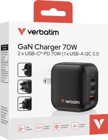 Photo de Chargeur secteur Verbatim Mini GaN 1x USB-A + 2x USB-C 70W (Noir)