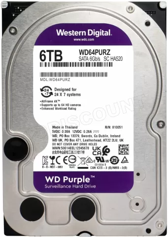 Photo de Disque Dur 3,5" Western Digital Purple Surveillance 6To  - S-ATA 256Mo