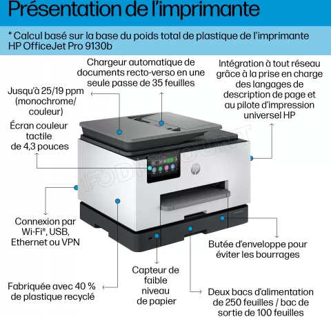 Photo de Imprimante Multifonction 4en1 HP OfficeJet Pro 9130b (Blanc/Gris)