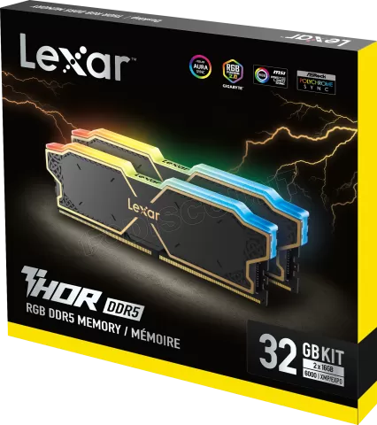 Photo de Kit Barrettes mémoire 32Go (2x16Go) DIMM DDR5 Lexar Thor RGB 6000MHz (Noir)