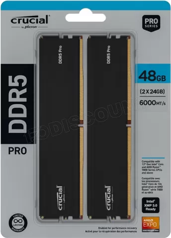 Photo de Kit Barrettes mémoire 48Go (2x24Go) DIMM DDR5 Crucial Pro 6000MHz (Noir)