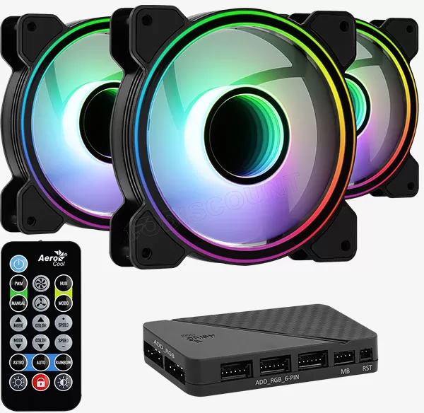 Lot de 3 Ventilateurs de boitier Aerocool Mirage Pro RGB 12cm (Noir) avec hub et télécommande