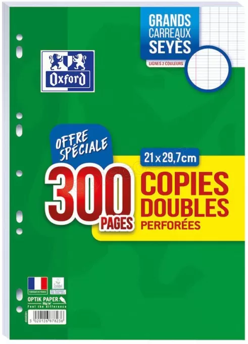 Lot de 300 Copies doubles perforées Oxford Grands Carreaux 90gr A4