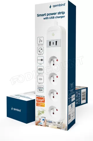 Photo de Multiprise 4 prises Gembird 1,5m + 3x USB (Blanc)