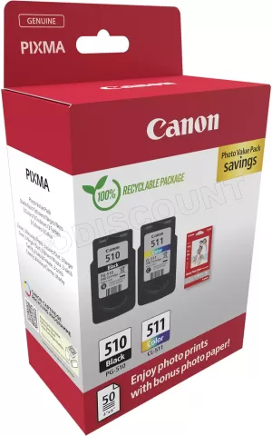 Photo de Pack 2 cartouches d'encre Canon PG-510/CL-511 (Noir + Couleurs) + 50x Papiers photo