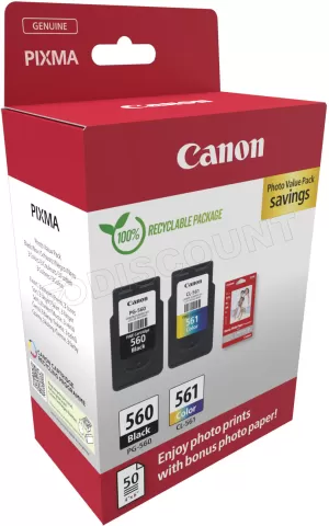 Photo de Pack 2 cartouches d'encre Canon PG-560/CL-561 Photo Value Pack (Noir + Couleurs) + 50x Papiers photo