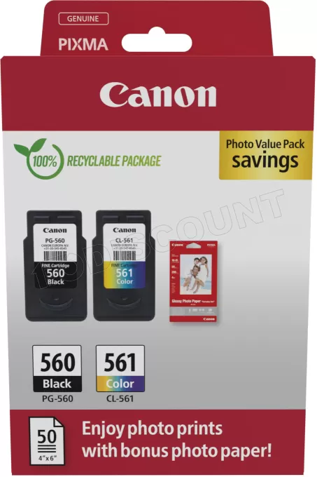 Pack 2 cartouches d'encre Canon PG-560/CL-561 Photo Value Pack (Noir + Couleurs) + 50x Papiers photo