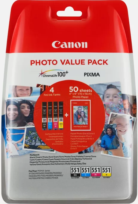 Pack 4 cartouches d'encre Canon CLI-551 (Couleurs + Noir) + 50 feuilles photo 10x15cm