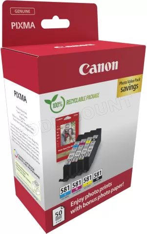 Photo de Pack 4 cartouches d'encre Canon CLI-581 Photo Value Pack (Noir + Couleurs) + 50x Papiers hoto