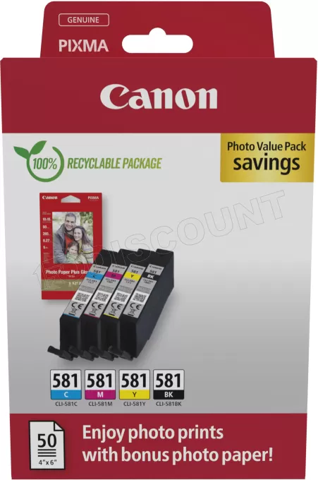 Pack 4 cartouches d'encre Canon CLI-581 Photo Value Pack (Noir + Couleurs) + 50x Papiers hoto