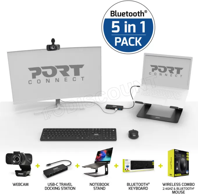 Pack 5en1 (Clavier & Souris Bluetooth/Webcam/Station d'accueil/Support) sans fil Port Design Home Office (Noir)