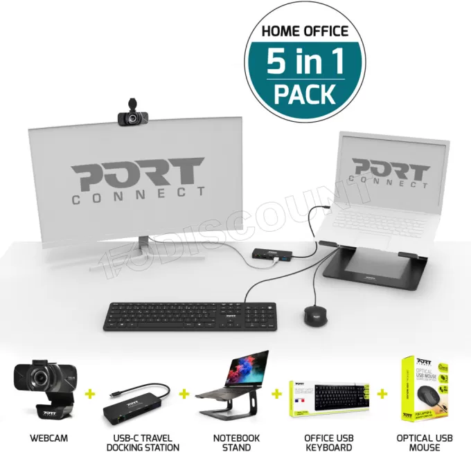 Pack 5en1 (Clavier/Souris/Webcam/Station d'accueil/Support) Port Design Home Office (Noir)