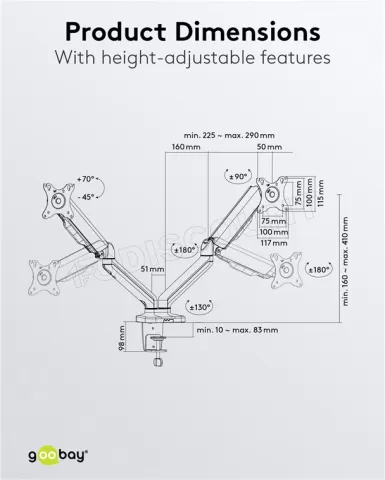 Photo de Support double-écran à fixer Goobay Gas Spring 17"-32" (9kg max) (Noir)